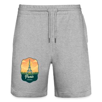 Insigne rétro du coucher de soleil de la Tour Eiffel de Paris - Short de jogging bio TRAINER Stanley/Stella unisexe - gris chiné - Devant - Nik (191cm) & Marisol (170cm)