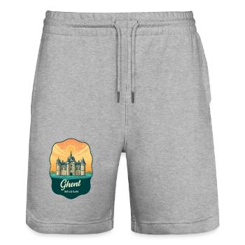 Ghent Gravensteen Castle Retro Sunset Badge - Stanley/Stella Trainer Unisex Organic Jogging Shorts - heather grey - Front - Nik (191cm) & Marisol (170cm)