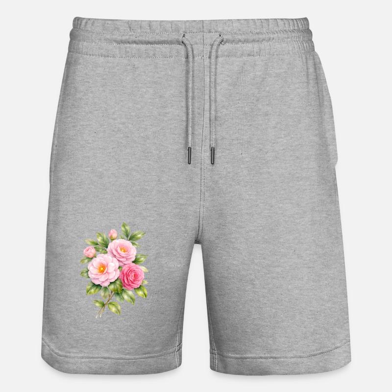 Illustration des fleurs de camélia rose - Short de jogging bio TRAINER Stanley/Stella unisexe - gris chiné