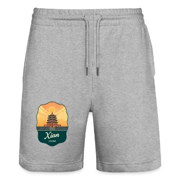 Insigne de voyage vintage de la pagode de l’oie sauvage de Xian - Short de jogging bio TRAINER Stanley/Stella unisexe - gris chiné - Devant - Nik (191cm) & Marisol (170cm)