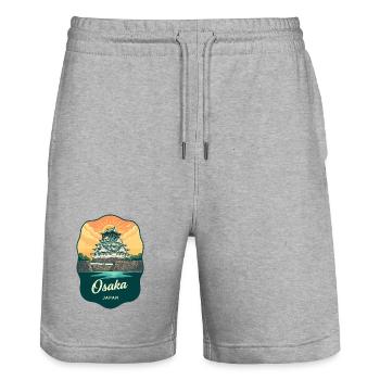 Osaka Castle Japan Retro Sunset Travel Badge - Stanley/Stella Trainer Unisex Organic Jogging Shorts - heather grey - Front - Nik (191cm) & Marisol (170cm)