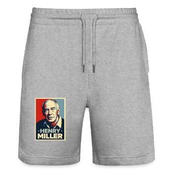 Henry Miller Pop Art Portrait - Stanley/Stella Trainer Unisex Organic Jogging Shorts - heather grey - Front - Nik (191cm) & Marisol (170cm)