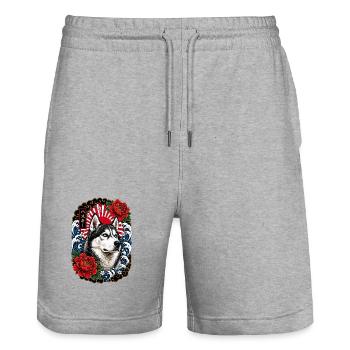 Siberian Husky im japanischen Irezumi Stil - Stanley/Stella Unisex Bio Joggingshorts Trainer  - Grau meliert - Vorne - Nik (191cm) & Marisol (170cm)