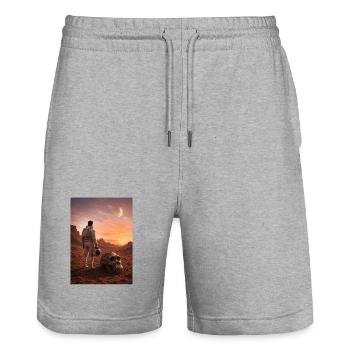 Astronaut and Skull on Red Planet - Stanley/Stella Trainer Unisex Organic Jogging Shorts - heather grey - Front - Nik (191cm) & Marisol (170cm)
