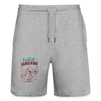 Endlich Schulkind Dino Geschenk - Stanley/Stella Unisex Bio Joggingshorts Trainer  - Grau meliert - Vorne - Nik (191cm) & Marisol (170cm)