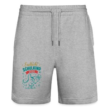 Endlich Schulkind 2026 Dino - Stanley/Stella Unisex Bio Joggingshorts Trainer  - Grau meliert - Vorne - Nik (191cm) & Marisol (170cm)