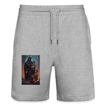 Medieval fantasy guarding father scene - Stanley/Stella Trainer Unisex Organic Jogging Shorts - heather grey - Front - Nik (191cm) & Marisol (170cm)