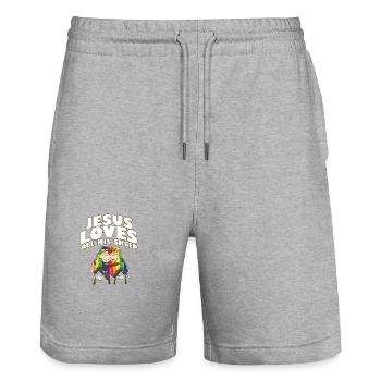 Jésus aime toutes ses brebis LGBTQ fier allié gay - Short de jogging bio TRAINER Stanley/Stella unisexe - gris chiné - Devant - Nik (191cm) & Marisol (170cm)