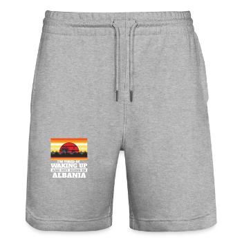 Im Tired of Waking Up and Not Being In Albania - Stanley/Stella Trainer Unisex Organic Jogging Shorts - heather grey - Front - Nik (191cm) & Marisol (170cm)