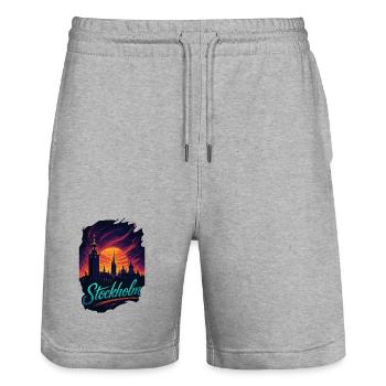 Stockholm most beautiful capital Sweden Gift - Stanley/Stella Trainer Unisex Organic Jogging Shorts - heather grey - Front - Nik (191cm) & Marisol (170cm)
