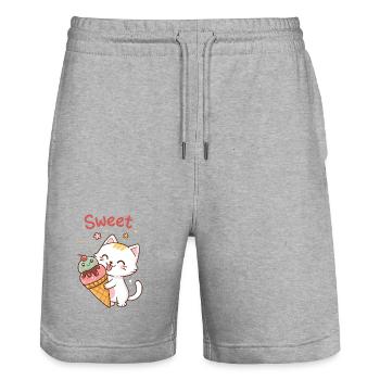 Chat Gourmand Kawaii et Cornet Glacé - Stanley/Stella Trainer Unisex Organic Jogging Shorts - heather grey - Front - Nik (191cm) & Marisol (170cm)