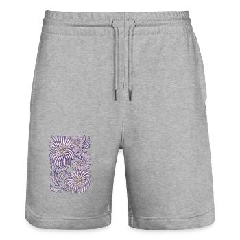 Purple Daisy Botanical Line Art - Stanley/Stella Trainer Unisex Organic Jogging Shorts - heather grey - Front - Nik (191cm) & Marisol (170cm)