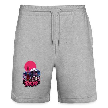 Tokyo neon skyline with pink sun - Stanley/Stella Trainer Unisex Organic Jogging Shorts - heather grey - Front - Nik (191cm) & Marisol (170cm)
