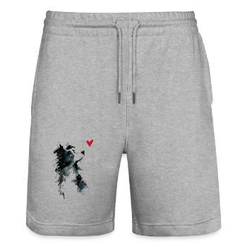 Cadeau de chien en forme d’aquarelle Border Collie - Short de jogging bio TRAINER Stanley/Stella unisexe - gris chiné - Devant - Nik (191cm) & Marisol (170cm)