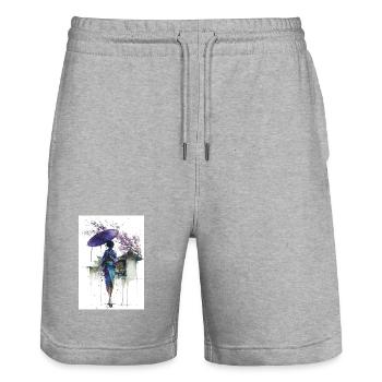 Urbaner Kimono unter dem Schirm - Stanley/Stella Unisex Bio Joggingshorts Trainer  - Grau meliert - Vorne - Nik (191cm) & Marisol (170cm)