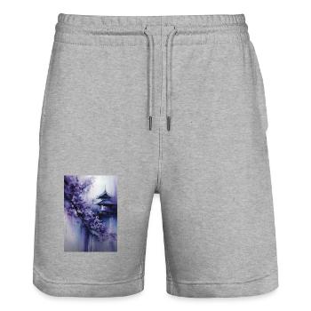 Lila Pagode und Blumen - Stanley/Stella Unisex Bio Joggingshorts Trainer  - Grau meliert - Vorne - Nik (191cm) & Marisol (170cm)