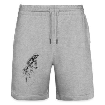 Mountain biker driving downhill - Stanley/Stella Trainer Unisex Organic Jogging Shorts - heather grey - Front - Nik (191cm) & Marisol (170cm)