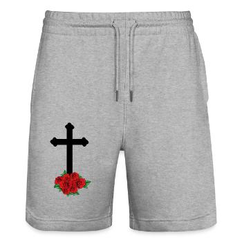 Roses en deuil Croix de la mort Funérailles au-delà de la tombe - Short de jogging bio TRAINER Stanley/Stella unisexe - gris chiné - Devant - Nik (191cm) & Marisol (170cm)