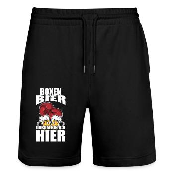 Lustiger Spruch Boxen Bier darum bin ich hier - Stanley/Stella Unisex Bio Joggingshorts Trainer  - Schwarz - Vorne - Nik (191cm) & Marisol (170cm)
