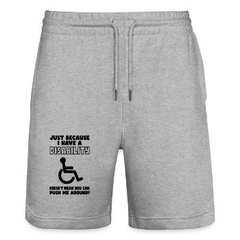 Even though I have a disability, wheelchair does not push* - Stanley/Stella Trainer Unisex Organic Jogging Shorts - heather grey - Front - Nik (191cm) & Marisol (170cm)