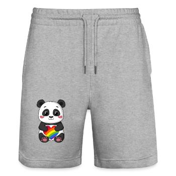 Dessin animé Panda tenant un cœur arc-en-ciel de fierté - Short de jogging bio TRAINER Stanley/Stella unisexe - gris chiné - Devant - Nik (191cm) & Marisol (170cm)