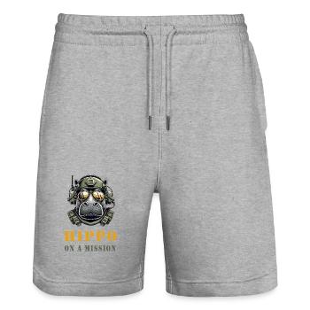 Nilpferd in Mission - Militär Design - Stanley/Stella Unisex Bio Joggingshorts Trainer  - Grau meliert - Vorne - Nik (191cm) & Marisol (170cm)