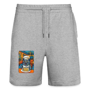 Illustration de chat cuisinier, j'adore cuisiner avec des chats - Short de jogging bio TRAINER Stanley/Stella unisexe - gris chiné - Devant - Nik (191cm) & Marisol (170cm)