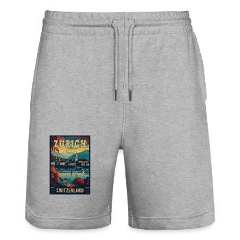 Explore Zurich in Switzerland Vintage Travel Art - Stanley/Stella Trainer Unisex Organic Jogging Shorts - heather grey - Front - Nik (191cm) & Marisol (170cm)