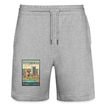 Explore Skyline of Pittsburgh in Pennsylvania - Stanley/Stella Trainer Unisex Organic Jogging Shorts - heather grey - Front - Nik (191cm) & Marisol (170cm)