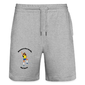 Fröhlicher Fußballer im gelben Trikot - Stanley/Stella Unisex Bio Joggingshorts Trainer  - Grau meliert - Vorne - Nik (191cm) & Marisol (170cm)