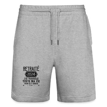 Retraité 2024 Humour Retraite Cadeau Pour Retraité - Short de jogging bio TRAINER Stanley/Stella unisexe - gris chiné - Devant - Nik (191cm) & Marisol (170cm)