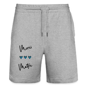 MERCI. THANKS. THANK YOU. ANNIVERSAIRE. NAISSANCE. - Short de jogging bio TRAINER Stanley/Stella unisexe - gris chiné - Devant - Nik (191cm) & Marisol (170cm)