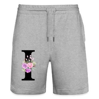 Lettre i floral violet - Short de jogging bio TRAINER Stanley/Stella unisexe - gris chiné - Devant - Nik (191cm) & Marisol (170cm)