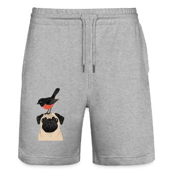 Mops mit Vogel - Stanley/Stella Unisex Bio Joggingshorts Trainer  - Grau meliert - Vorne - Nik (191cm) & Marisol (170cm)