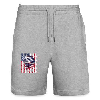 Patriotisches Faultier Amerikanische Flagge Tier - Stanley/Stella Unisex Bio Joggingshorts Trainer  - Grau meliert - Vorne - Nik (191cm) & Marisol (170cm)