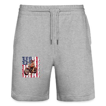 Vintage American Flag Motorrad Patriotisch - Stanley/Stella Unisex Bio Joggingshorts Trainer  - Grau meliert - Vorne - Nik (191cm) & Marisol (170cm)