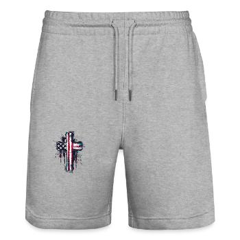 Patriotisches Kreuz Amerikanische Flagge Glaube - Stanley/Stella Unisex Bio Joggingshorts Trainer  - Grau meliert - Vorne - Nik (191cm) & Marisol (170cm)