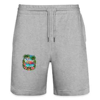 Tropical Flamingo Summer Vibes Beach Scene - Stanley/Stella Unisex Bio Joggingshorts Trainer  - Grau meliert - Vorne - Nik (191cm) & Marisol (170cm)