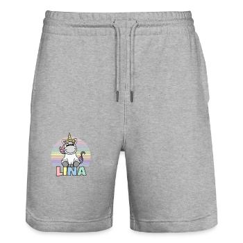 Nom de la licorne Lina - Short de jogging bio TRAINER Stanley/Stella unisexe - gris chiné - Devant - Nik (191cm) & Marisol (170cm)