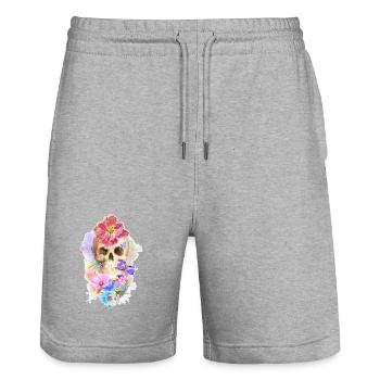 Colorful skull with flowers poppy tulip iris - Stanley/Stella Trainer Unisex Organic Jogging Shorts - heather grey - Front - Nik (191cm) & Marisol (170cm)
