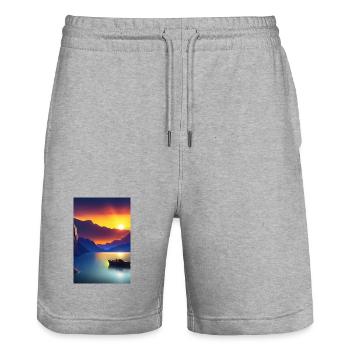 Paysage avec lac, bateau et montagnes - Short de jogging bio TRAINER Stanley/Stella unisexe - gris chiné - Devant - Nik (191cm) & Marisol (170cm)