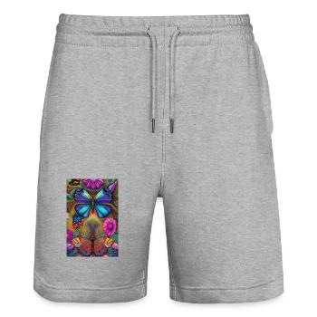 Fleurs et papillon - Short de jogging bio TRAINER Stanley/Stella unisexe - gris chiné - Devant - Nik (191cm) & Marisol (170cm)
