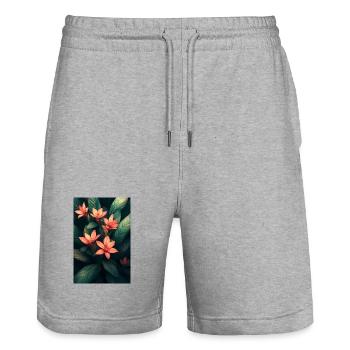 Orange tropical flowers in dark green foliage - Stanley/Stella Trainer Unisex Organic Jogging Shorts - heather grey - Front - Nik (191cm) & Marisol (170cm)