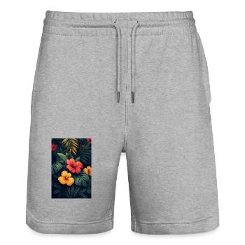 Tropical Hibiscus Jungle - Stanley/Stella Trainer Unisex Organic Jogging Shorts - heather grey - Front - Nik (191cm) & Marisol (170cm)
