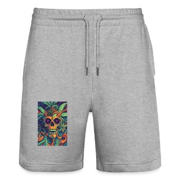 Schädel mit Hanfblättern und Flammen - Stanley/Stella Unisex Bio Joggingshorts Trainer  - Grau meliert - Vorne - Nik (191cm) & Marisol (170cm)