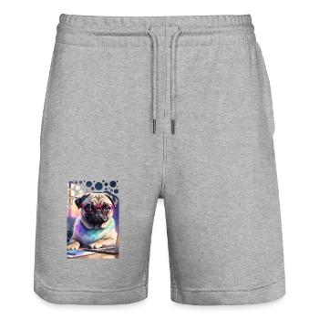 Bürohund Mops mit Laptop und pinker Brille Pop Art - Stanley/Stella Unisex Bio Joggingshorts Trainer  - Grau meliert - Vorne - Nik (191cm) & Marisol (170cm)