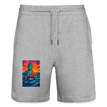 Serene Buddha by Sunset - Stanley/Stella Trainer Unisex Organic Jogging Shorts - heather grey - Front - Nik (191cm) & Marisol (170cm)