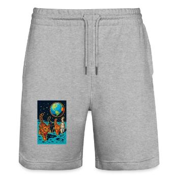 Cosmic Cats Lunar Adventure, Katzen auf dem Mond - Stanley/Stella Unisex Bio Joggingshorts Trainer  - Grau meliert - Vorne - Nik (191cm) & Marisol (170cm)