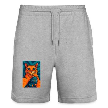 Funny Orange Cat Cat and Mouse  - Stanley/Stella Trainer Unisex Organic Jogging Shorts - heather grey - Front - Nik (191cm) & Marisol (170cm)