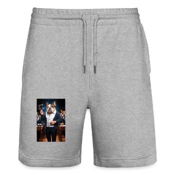 English Bulldog Humanoid Professor - Stanley/Stella Trainer Unisex Organic Jogging Shorts - heather grey - Front - Nik (191cm) & Marisol (170cm)